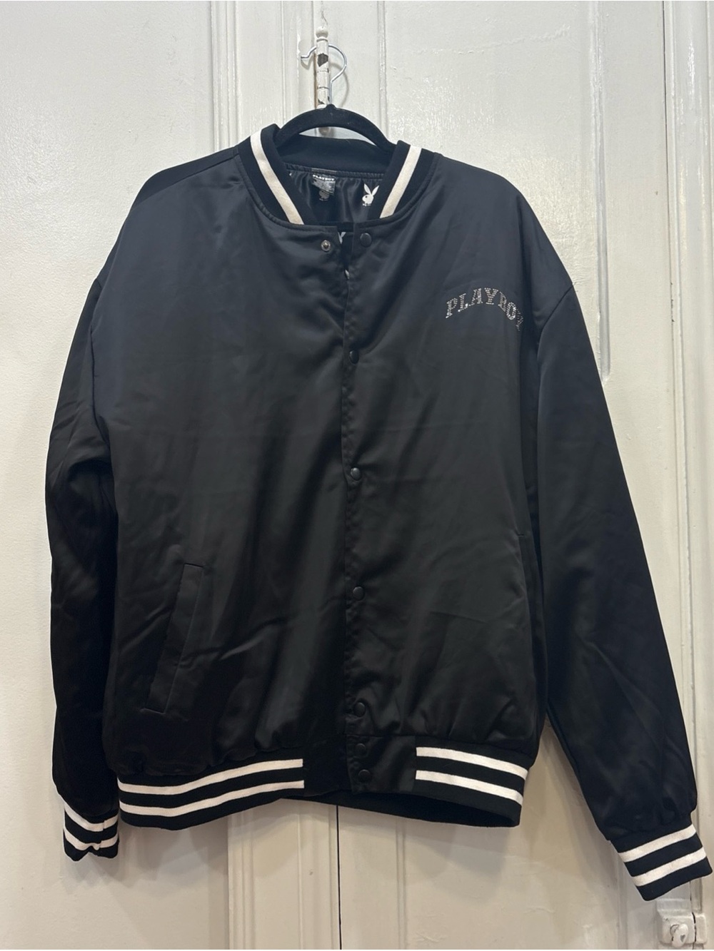 NWT Playboy Satin Varsity Jacket Mens L Snap Bunny Logo Lightweight Bomber Black